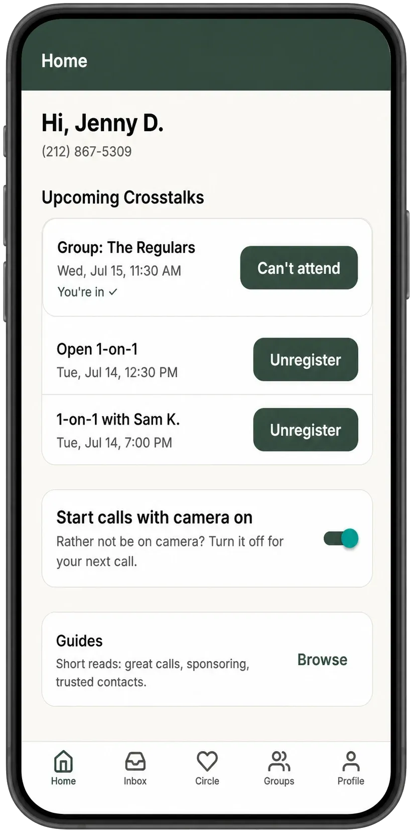 A phone showing the Crosstalk app home screen with upcoming group and one-on-one calls