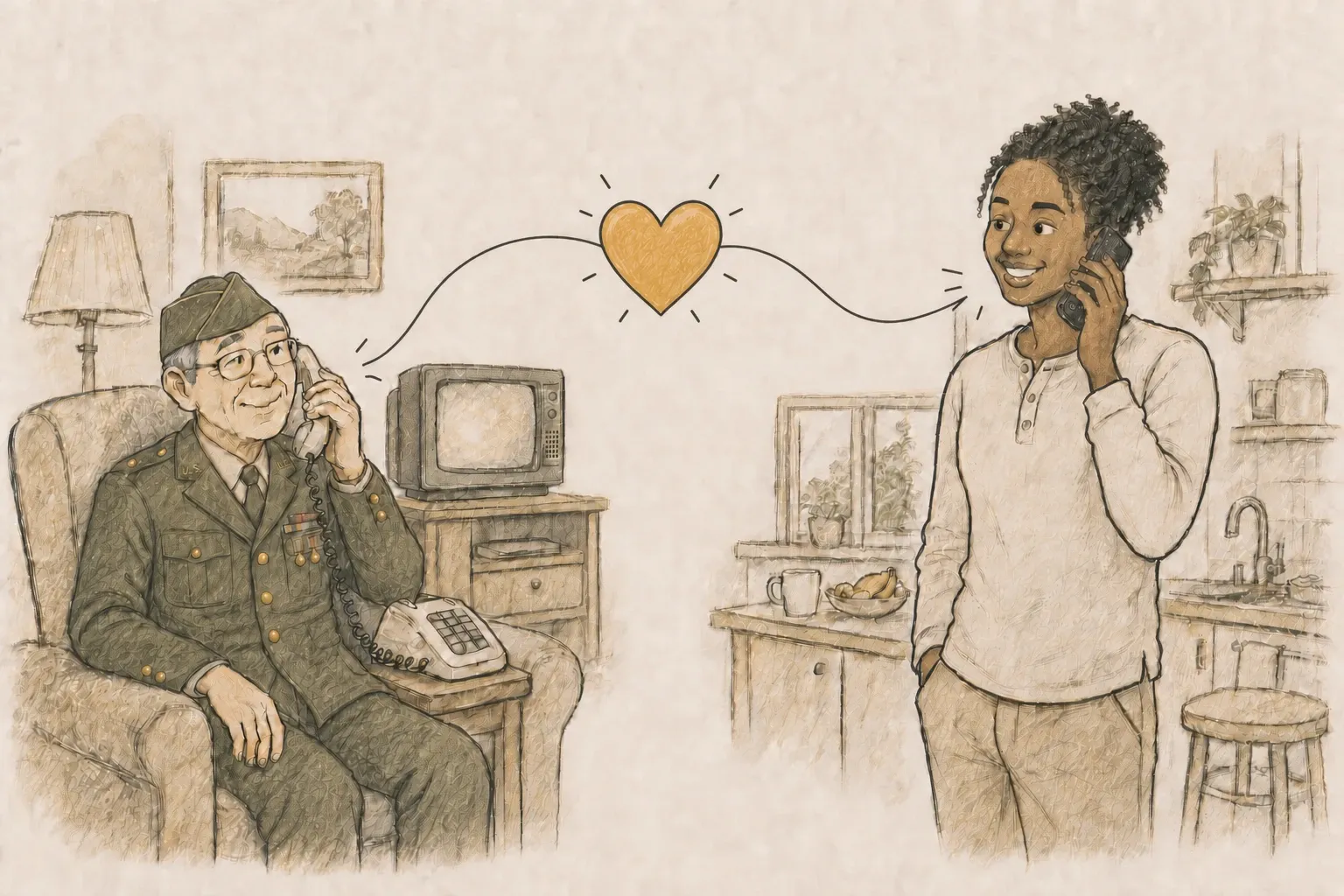 Illustration of an older veteran in his army uniform answering a landline and a younger woman answering a cell phone, each at home, connected by a single line with a large golden heart at its center
