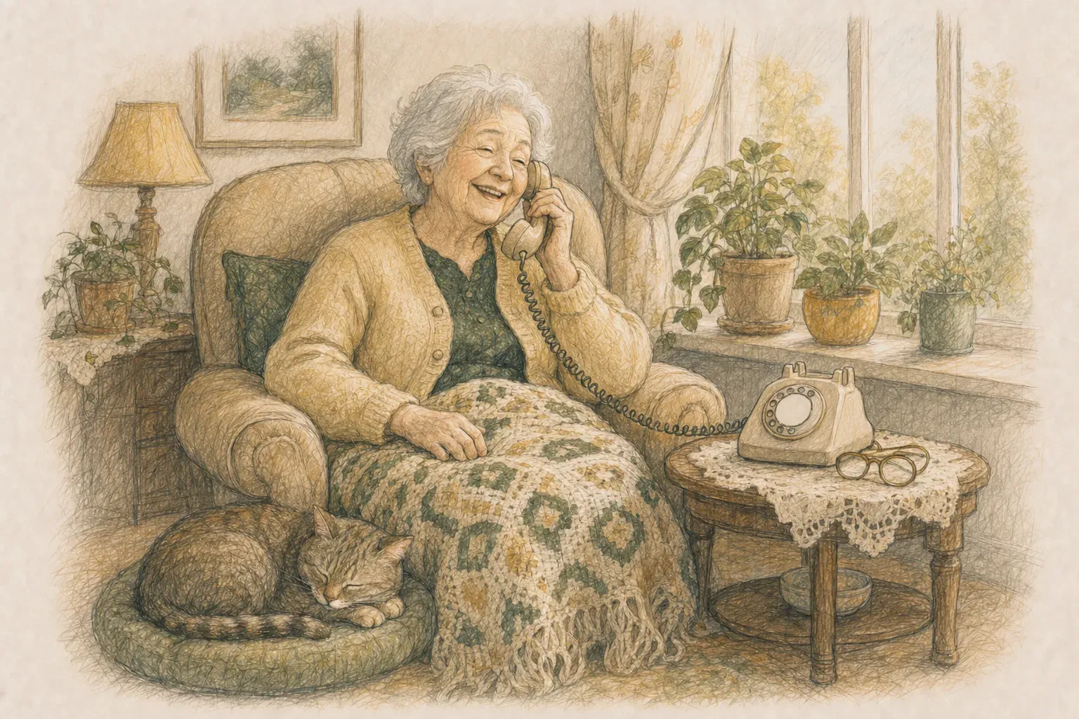 Illustration of an older woman in a sunlit armchair, laughing on a landline phone, with a cat at her feet and plants in the window