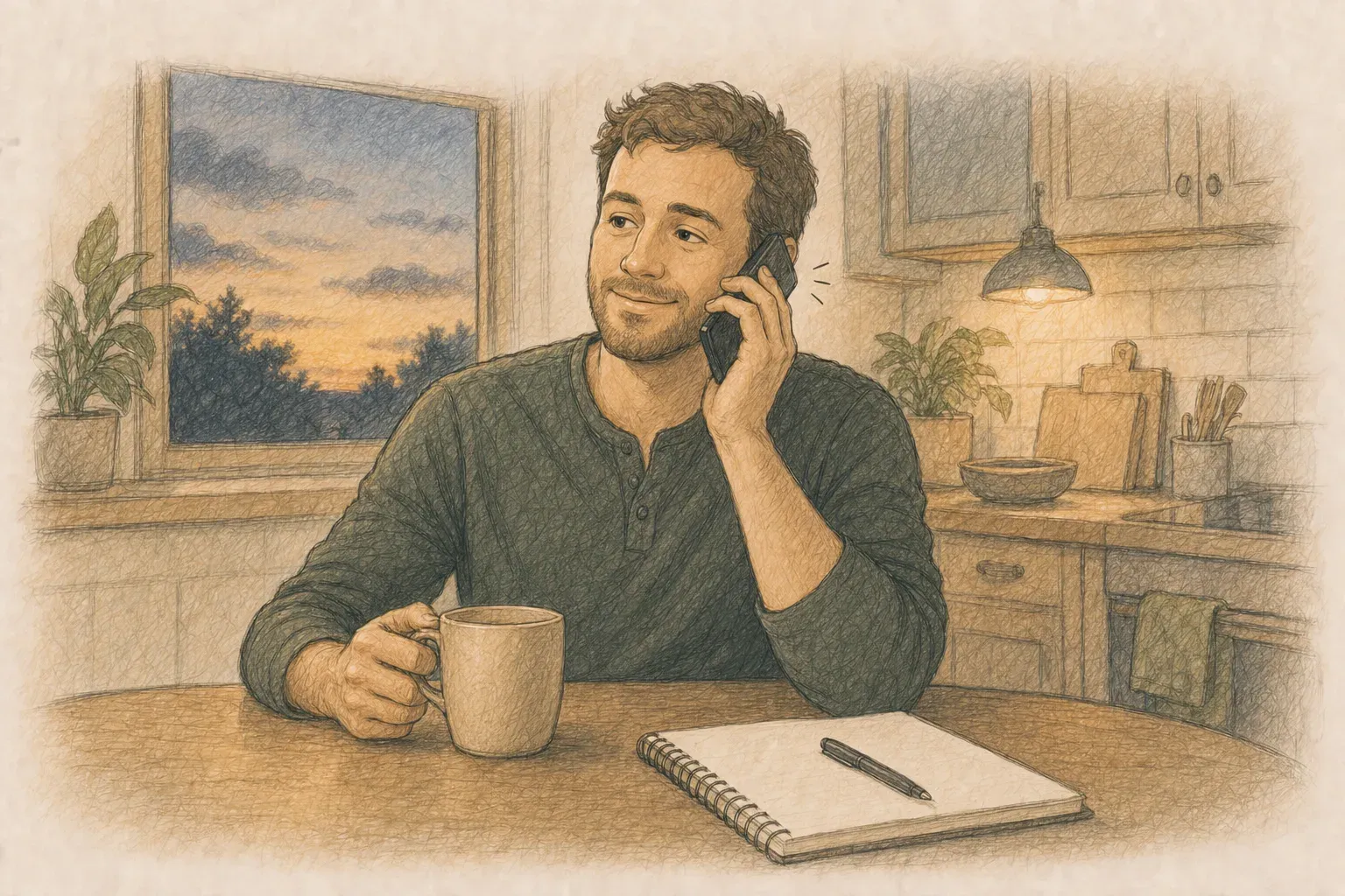 Illustration of a man in recovery at his kitchen table in the evening, relaxed and relieved, talking on the phone with a coffee mug in hand