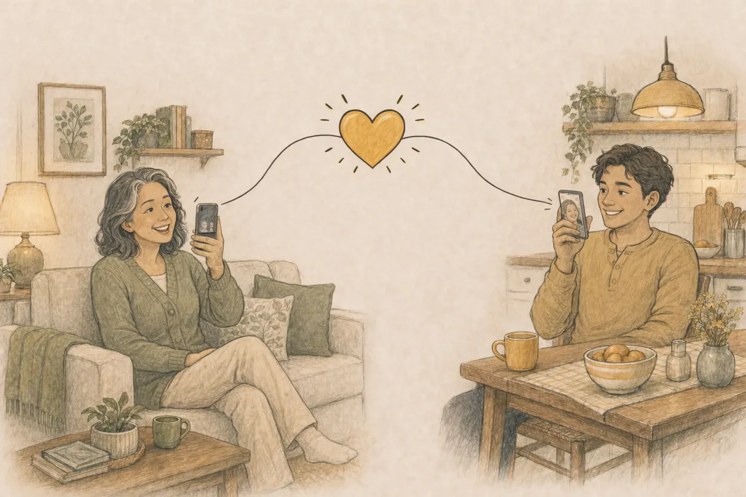 Illustration of two people on a video call in their own homes, each seeing the other on their phone screen, connected by a single line with a large golden heart at its center