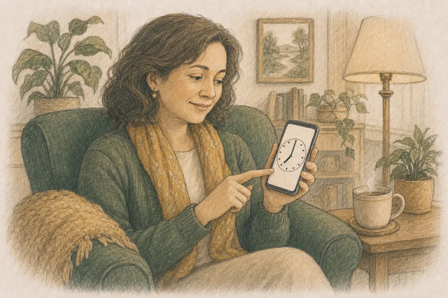 Illustration of a woman at home choosing her daily call time on her phone, a clock face showing seven o'clock