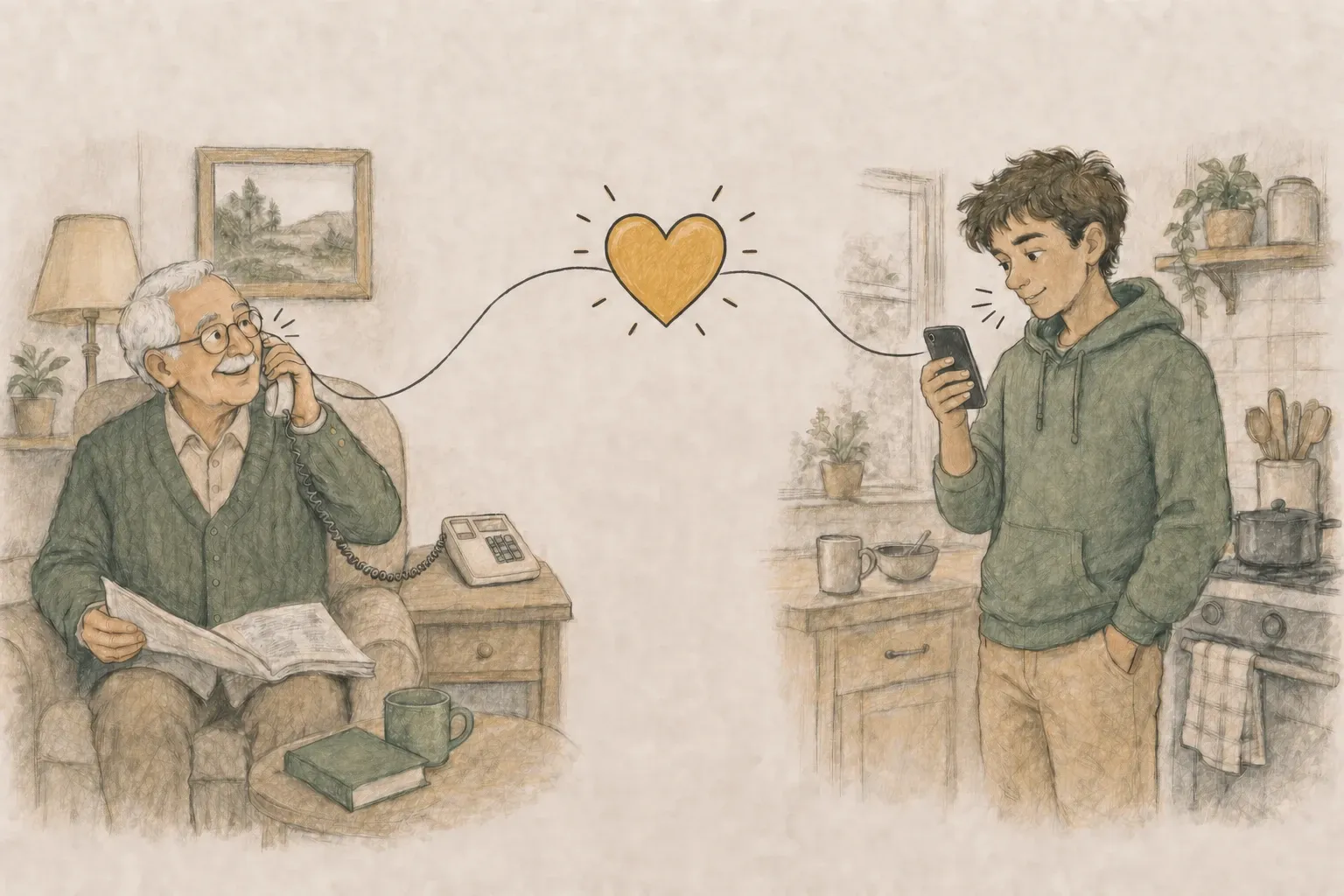 Illustration of an older man answering his landline and a younger man answering his smartphone in their own homes, their conversation joined by a line with a large golden heart at its center