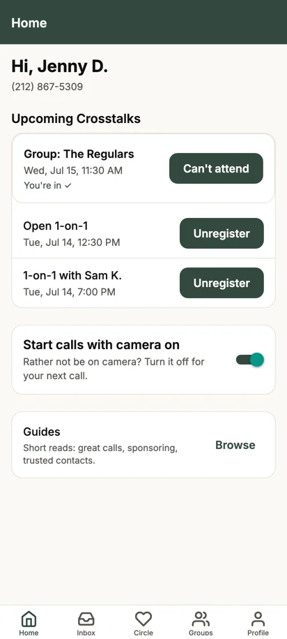 Crosstalk app home screen showing an upcoming one-on-one call scheduled for 7:00 PM
