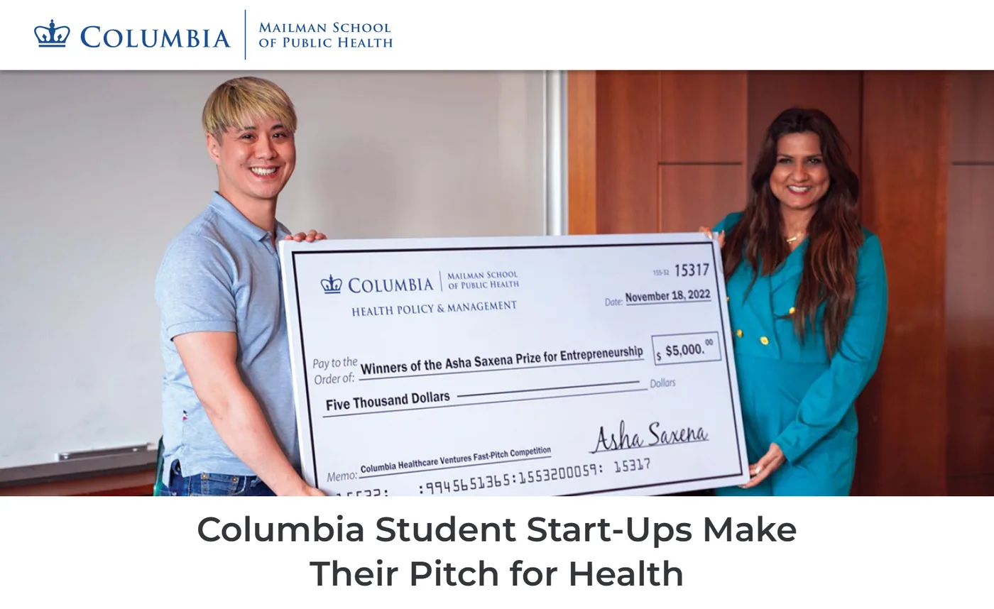 Crosstalk winning the Columbia University healthcare venture Fast-Pitch competition