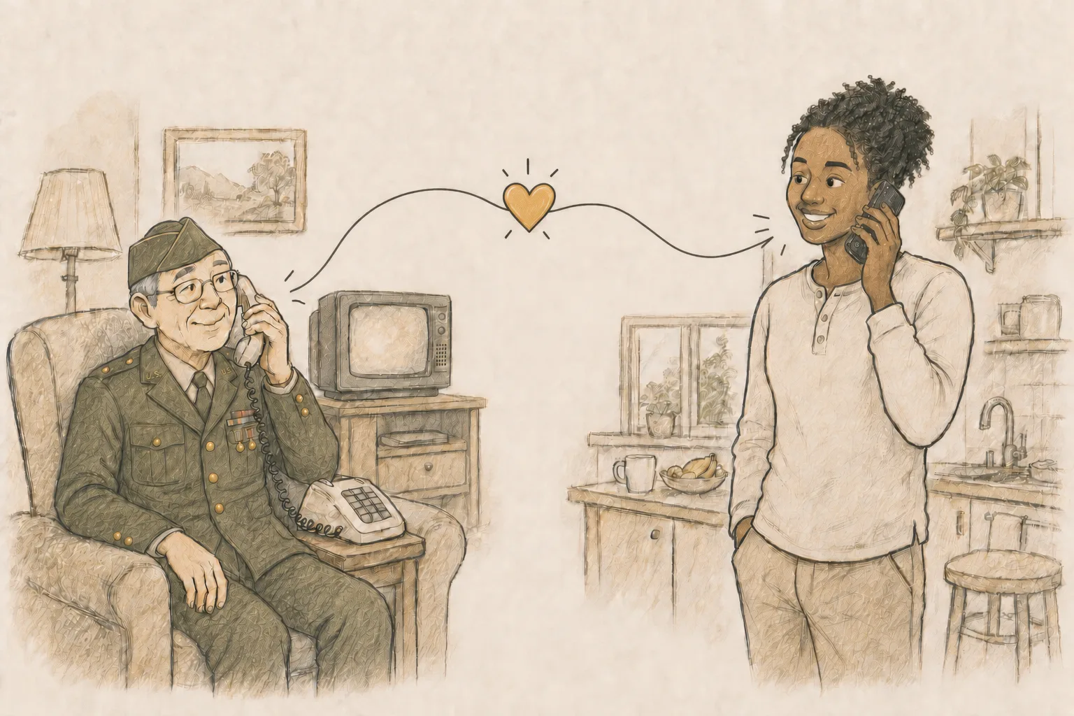 Illustration of an older veteran in his army uniform answering a landline and a younger woman answering a cell phone, each at home, connected by a single line with a golden heart at its center